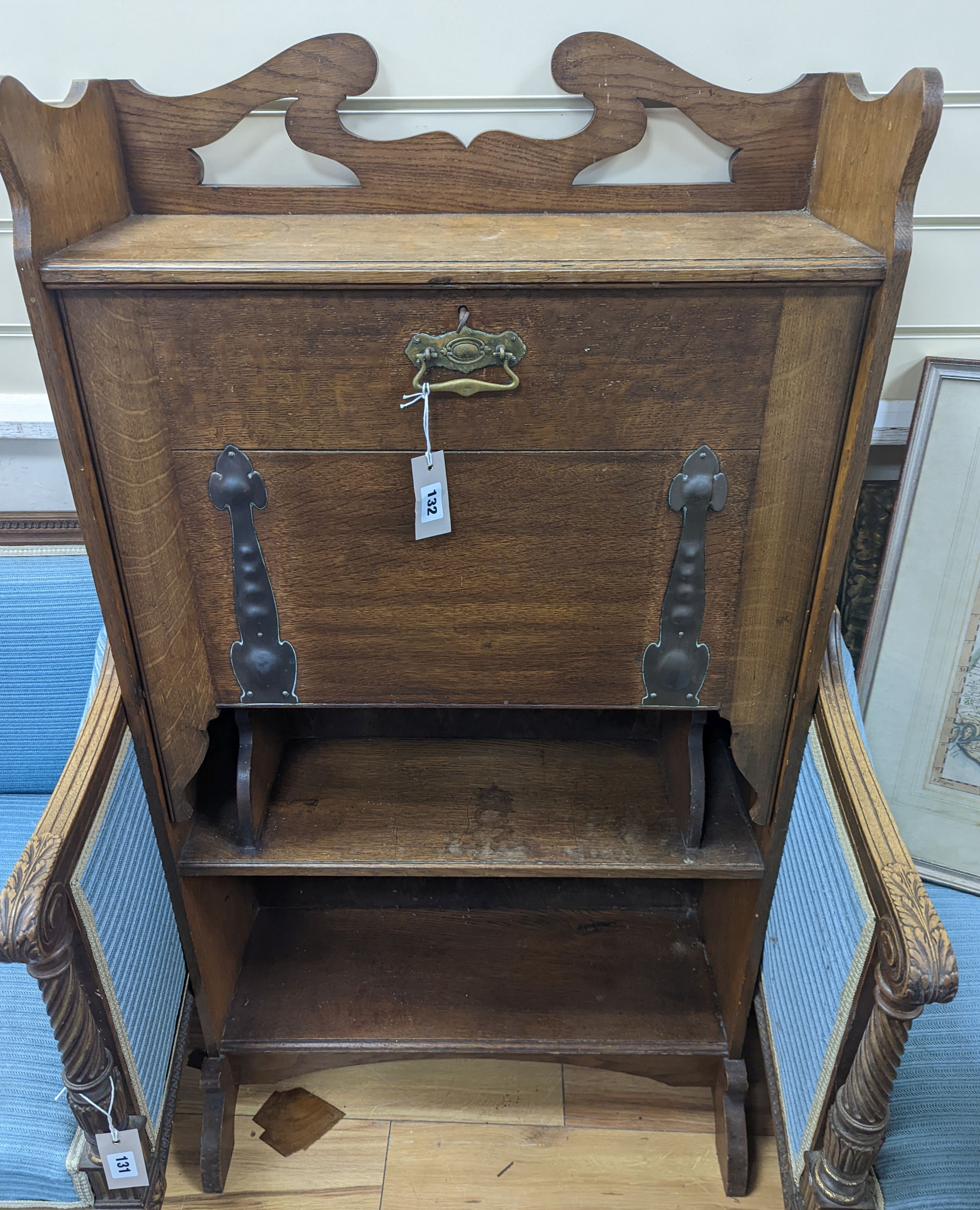 An Arts and Crafts copper mounted oak bureau, width 64cm, depth 24cm, height 120cm